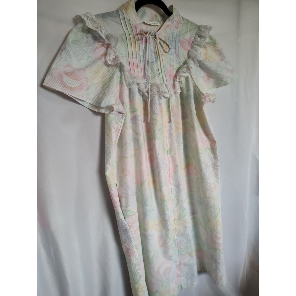 Komar Womens Floral Seersucker Cotton Lace Ruffle Collared Tie Nightgown OS - Picture 2 of 9